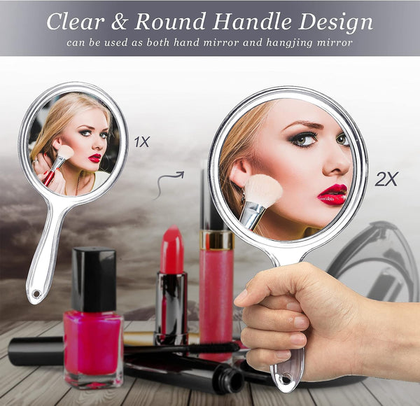 Jetec Hand Mirror Double-Sided Handheld Mirror 1X/ 2X Magnifying Mirror with Handle Transparent Hand Mirror Rounded Shape Makeup Mirror (Clear) 1