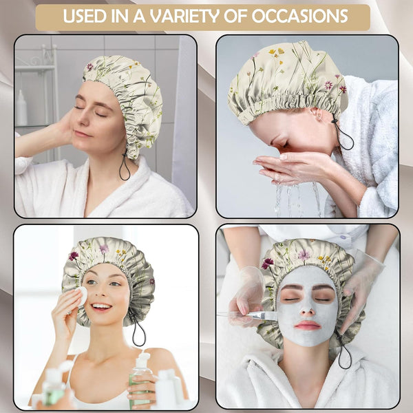 2 PCS Shower Cap Adjustable Reusable Double Waterproof Layer Elastic Hair Bath Cap Cute Aesthetic for Women Girls-Leaf I6-Leaf