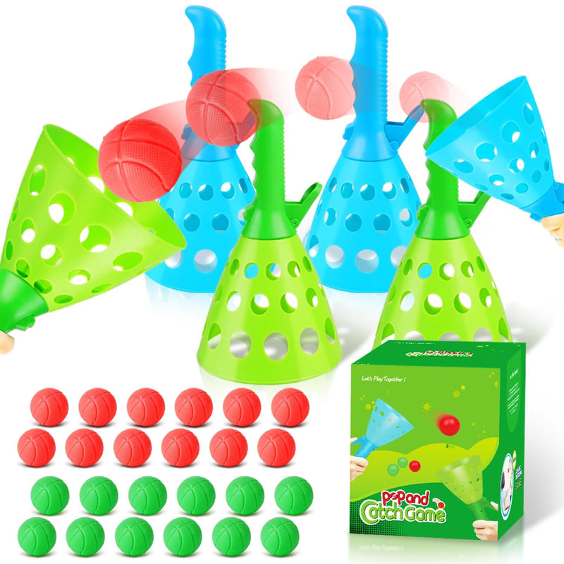 Duckura Outdoor Indoor Game Activities for Kids, Pop-Pass-Catch Ball Game with 4 Catch Launcher Baskets and 24 Balls, Easter Basket Stuffers Gifts