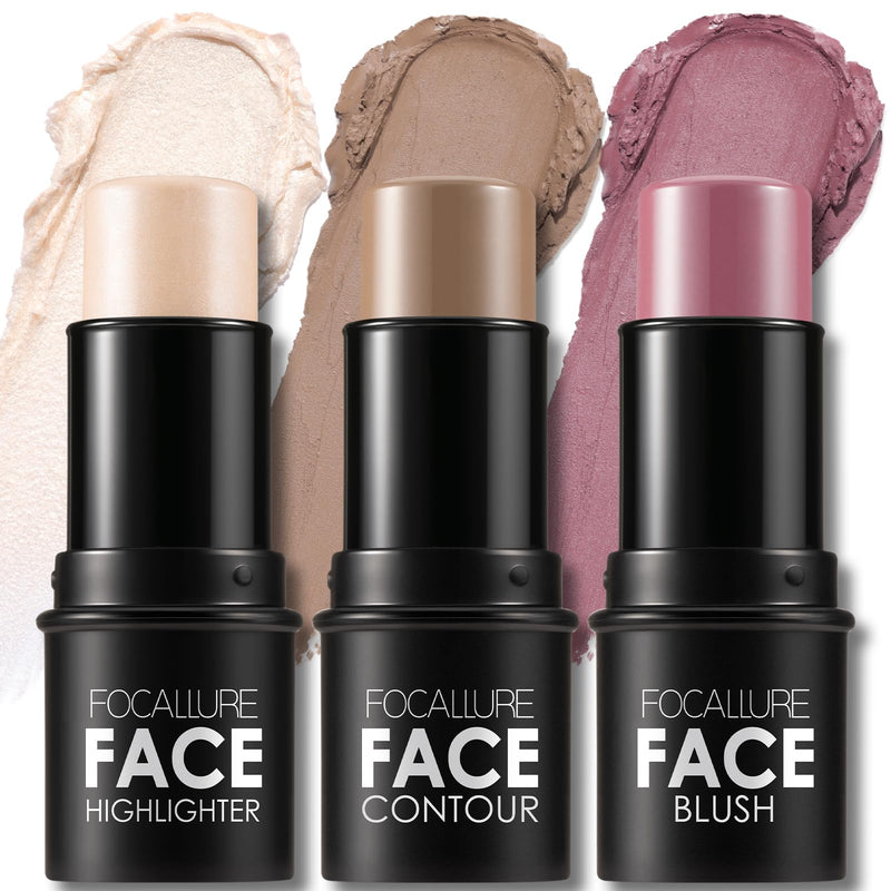 FOCALLURE 3 Pcs Cream Contour Sticks,Shades with Highlighter & Bronzer & Blush,Non-greasy Long-wear Face Contouring Pen,Easy to Sculpt the Face