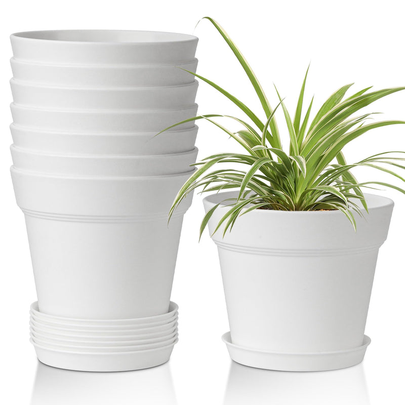 T4U Plant Pots Indoor 6 Inch 8 Pack, Plastic Flower Pots with Saucer White 6 inch White