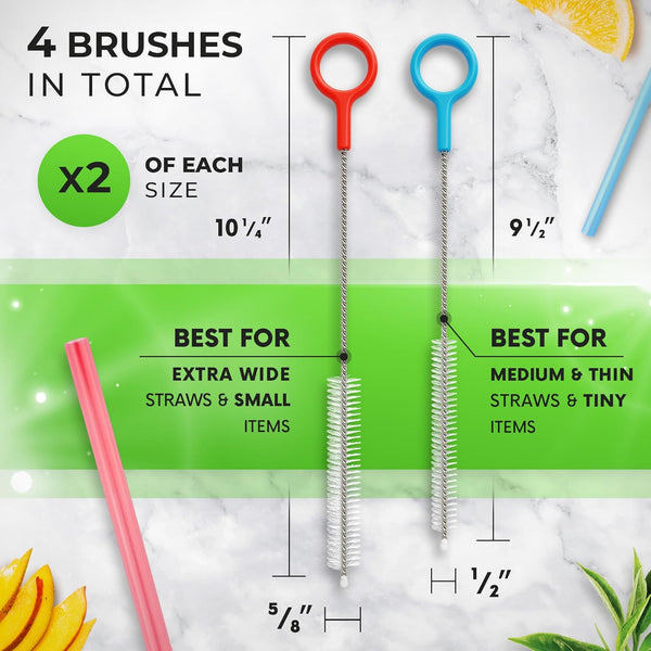 Heavy Duty Cleaning Brushes Set of 4 - Extra Long Straw Cleaners for Metal and Plastic Reusable Drinking Straws, to Clean Small Spaces, Sippy