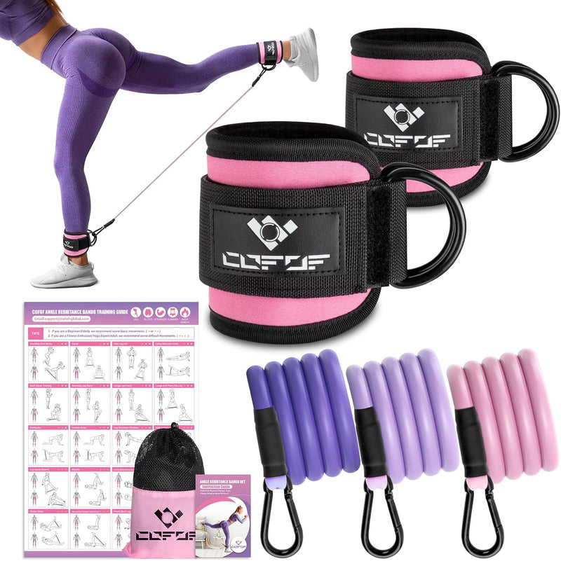 COFOF Ankle Resistance Bands w/ Cuffs, Ankle Bands for Working Out, Ankle Band Cuff for Kickbacks Hip, Leg Glute Exercise Equipment w/ Training