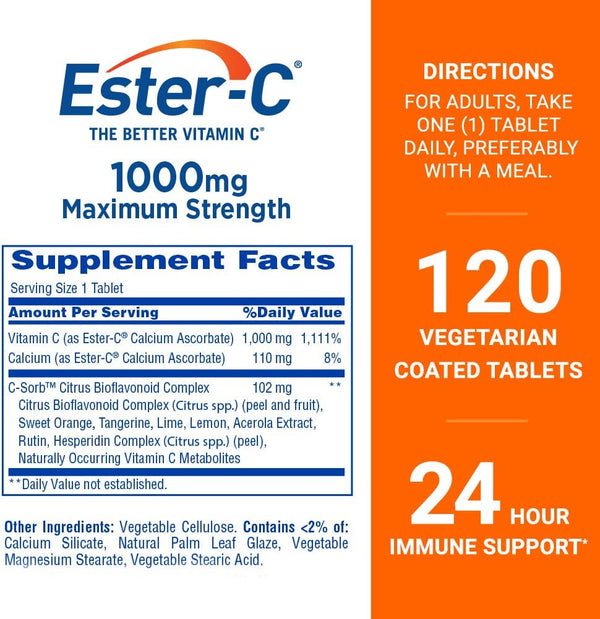 Ester-C Vitamin C 1000 mg Coated Tablets, Immune System Booster, Stomach-Friendly Supplement, 120 Count 120 Count (Pack of 1)