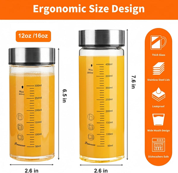 Glass Juice Bottles 4 Pack 16 Oz - Wide Mouth Glass Water Bottles with Lids - for Juicing, Protein, Smoothie, Milk, Reusable, BPA Free, Stainless