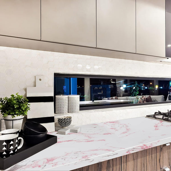 Glossy White/Pink Marble Contact Paper for Countertop Granite Wallpaper 15.8"×393" Marble Peel and Stick Wallpaper Self-Adhesive Removable Wall