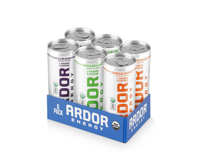 ARDOR ENERGY Sparkling Water 6 Pack Sampler. 100Mg Organic Caffeine from Green Tea & 200Mg Organic L-Theanine (Focus & C