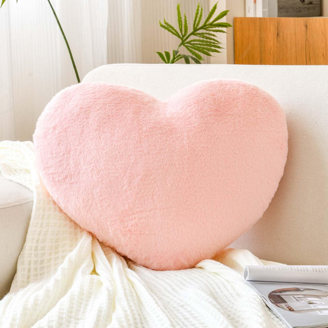 Pink Heart Pillows, Cute Heart Decorative Pillow, Heart Shaped Throw Pillows for Bed, Faux Rabbit Fur Plush Hoom Decor P