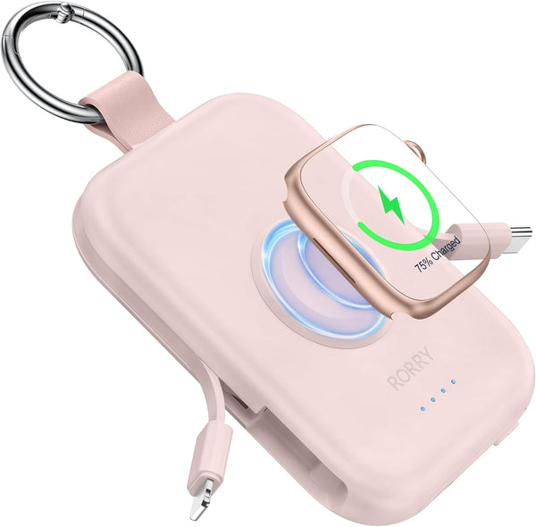 RORRY Portable Charger, 5000Mah Portable Charger Power Bank with Built-In Cables, Travel Keychain Battery Pack for Apple Watch Ultra