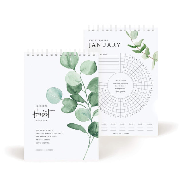 Bliss Collections Habit Tracker Calendar Notepad, Greenery Floral, Gold Spiral Binding, Inspirational and Motivational M