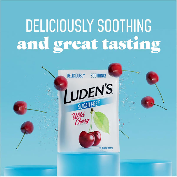 Luden's Sore Throat Relief Lozenges for Minor Everyday Irritation & Dry Mouth, Sugar Free Wild Cherry Flavored Drops, 75 Count Sugar Free Wild