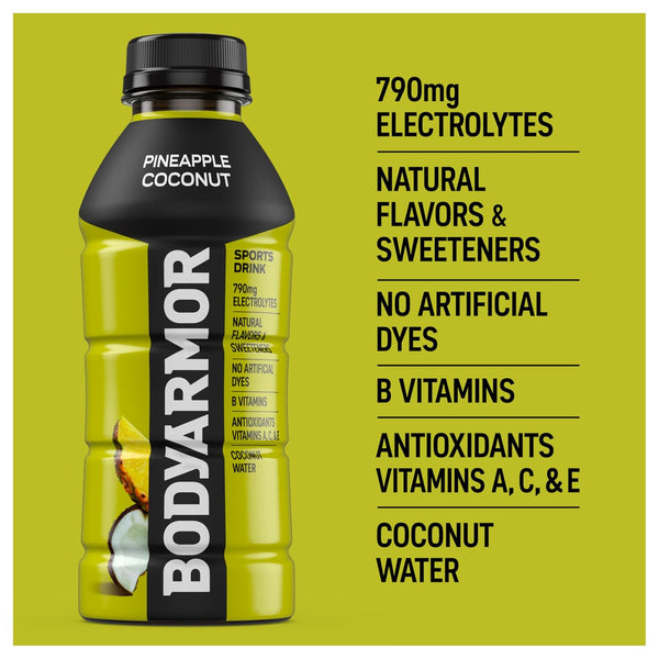 BODYARMOR Sports Drink, Pineapple Coconut, Electrolyte Drink Hydration, 16 Fl Oz Bottles (12 Pack), Flavored Coconut Water with B Vitamins &
