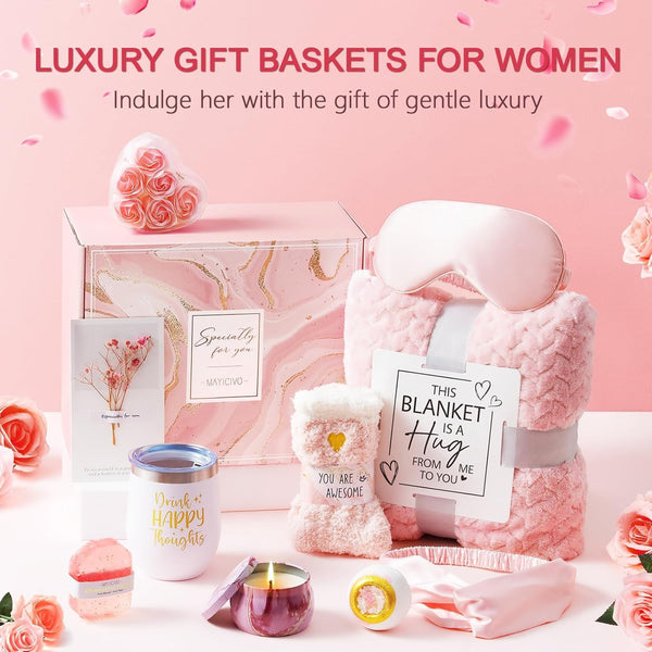 Birthday Gifts for Women Self Care Gifts Get Well Soon Gifts, Rose Relaxing Spa Gifts Basket Care Package W/ Luxury Flannel Blanket, Unique