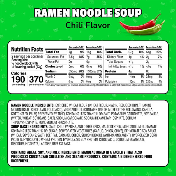 Maruchan Ramen Chili, Instant Ramen Noodles, Ready to Eat Meals, 3 Oz, 24 Count