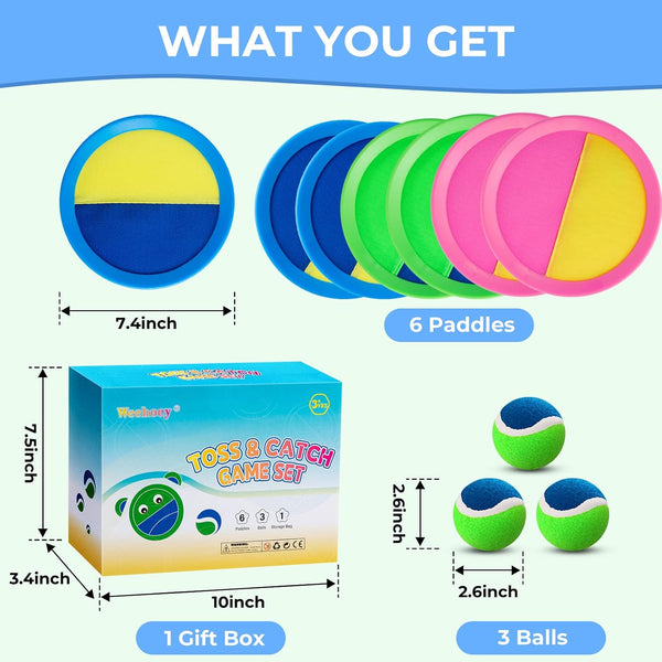 Weehoey Beach Games - Kids Toys - Outdoor Games for Kids, Toss and Catch Ball Set with 6 Paddles 3 Balls, Toys for 3 4 5 6 7 8+ Year Old Boys