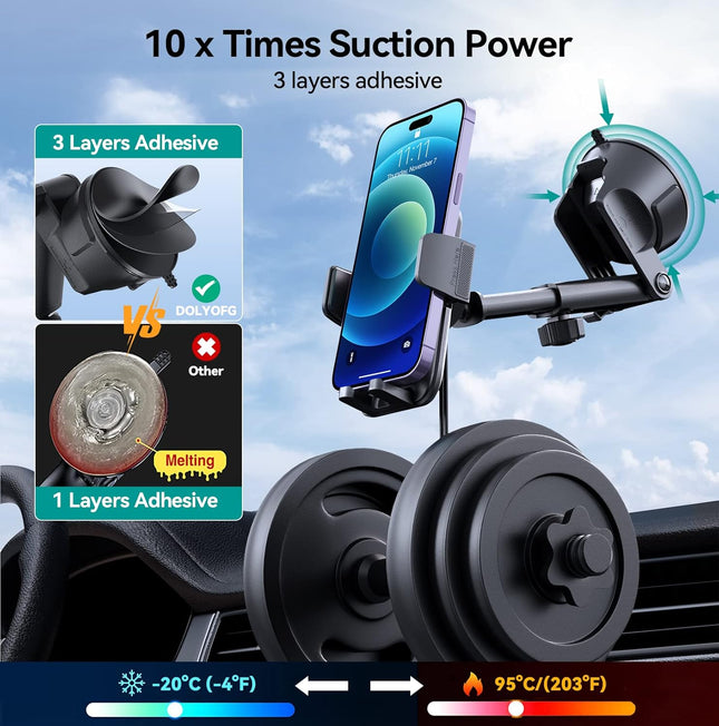 Car Phone Holder Mount, [Military-Grade Suction & Super Sturdy Base] 3 in 1 Universal Phone Mount for Car Dashboard Wind
