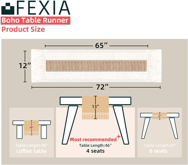 FEXIA Boho Table Runner for Home Decor with Tassels 72 Inches Farmhouse Long Pottery Barn Furniture Rustic Macrame Burlap Table Decoration for