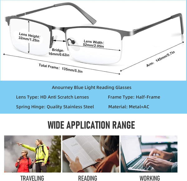 Blue Light Blocking Glasses, Lightweight Metal Half Frame Computer Reading/Gaming/TV/Phones Glasses,Filter UV Ray/Computer Glare with Spring Hinge