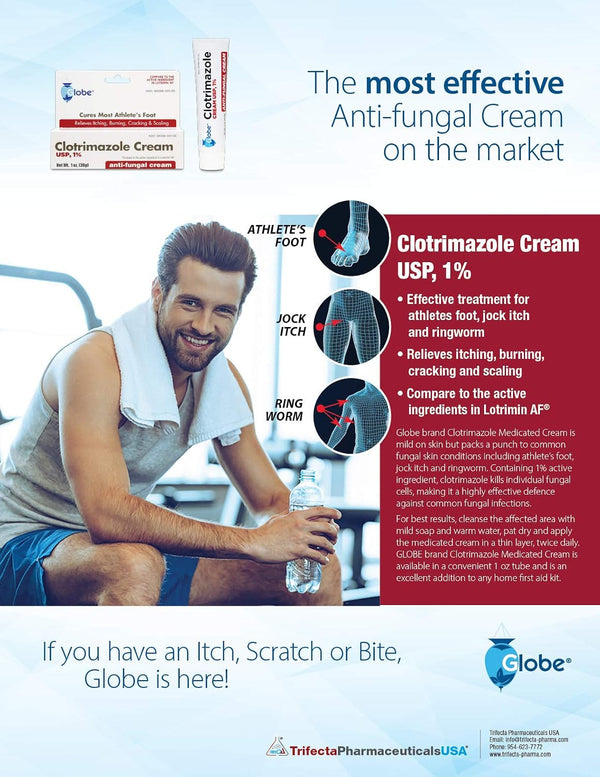 Globe Clotrimazole Antifungal Cream 1% USP, 1 oz (4 Pack), Anti Fungal Treatment, Relieves Itching, Burning, Cracking and Scaling Associated