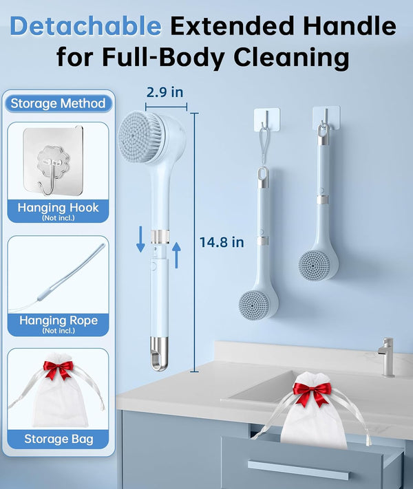 Electric Body Brush Back Scrubber for Shower, Waterproof Rechargeable Auto Bath Brush with Long Handle, 5 Replaceable Heads & 3 Speeds, Deep