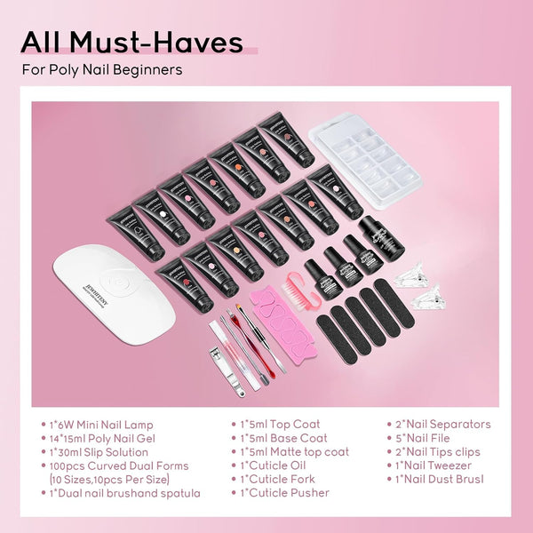 JEWHITENY Poly Extension Gel Nail Kit 14 PCS Poly Gel Kit with Slip Solution and Mini Lamp Nail Art Design Beginner A03