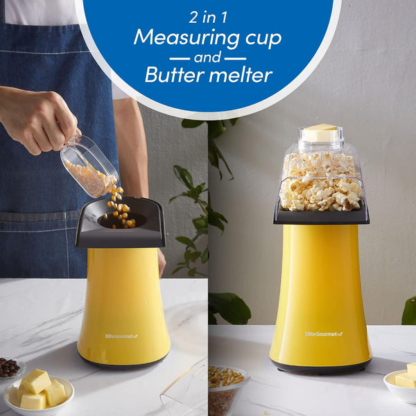 Elite Gourmet Fast Hot Air Popcorn Popper, 1300W Electric Popcorn Maker with Measuring Cup & Butter Melting Tray, Oil-Free, Great for Home Party