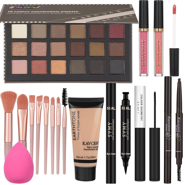 All in One Makeup Kit for Women Girls Teens Makeup Set 16 Colors Eyeshadow Palette Foundation Eyeliner Contouring Stick Lip Gloss Eyebrow Mascara