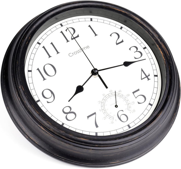 16 Inch Large Outdoor Clock Waterproof with Thermometer Retro Wall Clocks for Patio Pool Garden Home,Bronze 16" Bronze
