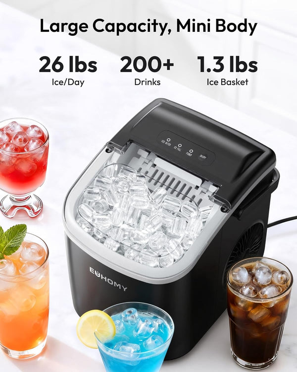 EUHOMY Countertop Ice Maker Machine with Handle, 26lbs in 24Hrs, 9 Ice Cubes Ready in 6 Mins, Auto-Cleaning Portable Ice Maker with Basket and