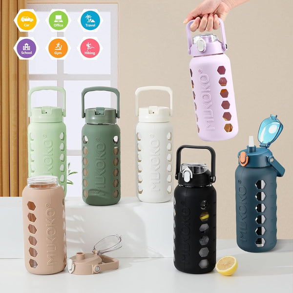 MUKOKO Glass Water Bottles 64Oz with 2 Lids, Half Gallon Drinking Bottle with Straws and Measurements, 2L Sports Drink Jug with Silicone Sleeve,
