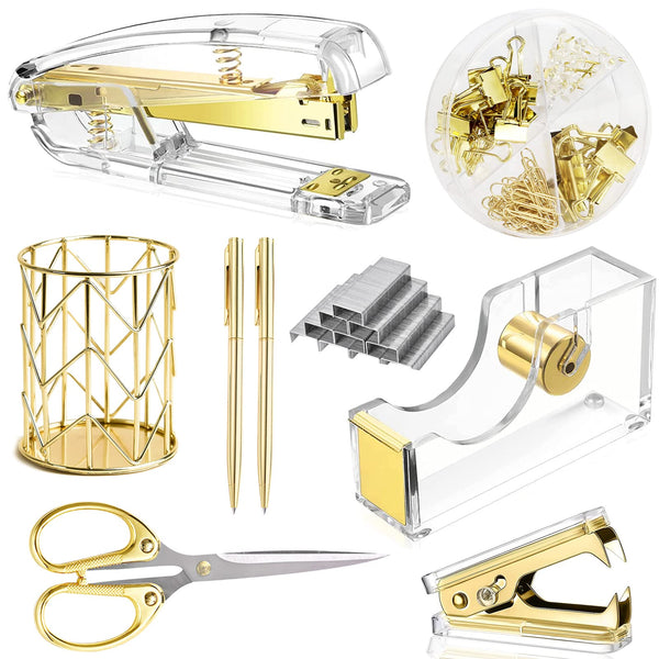 Famassi Gold Desk Accessories，Office Supplies Set Acrylic Stapler Set Staple Remover, Tape/Pen Holder, 2 Ballpoint Pen, Scissor, Binder/Paper