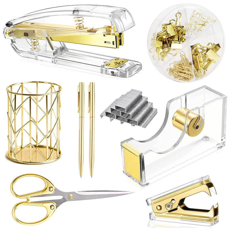 Famassi Gold Desk Accessories，Office Supplies Set Acrylic Stapler Set Staple Remover, Tape/Pen Holder, 2 Ballpoint Pen, Scissor, Binder/Paper