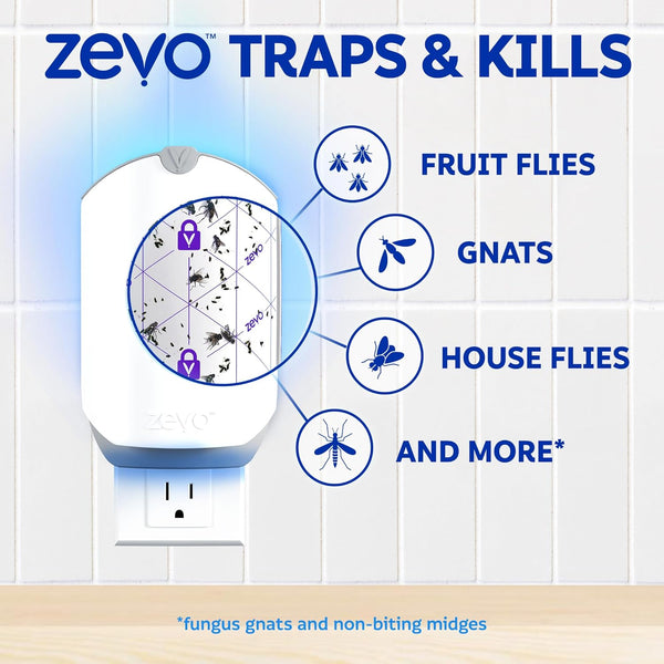 Zevo Flying Insect Trap - Plug-in Indoor Fly Trap and Bug Light Trap Refill with Blue and UV Light - No-Mess Cartridge for House Flies, Fruit Fly