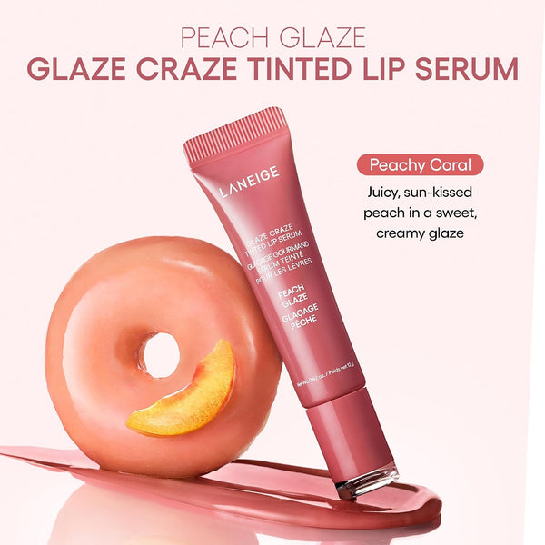 LANEIGE Glaze Craze Tinted Lip Serum: Hydrating Lip Serum for Glossy, Nourished Lips with Plumping Polypeptides Peach Glaze