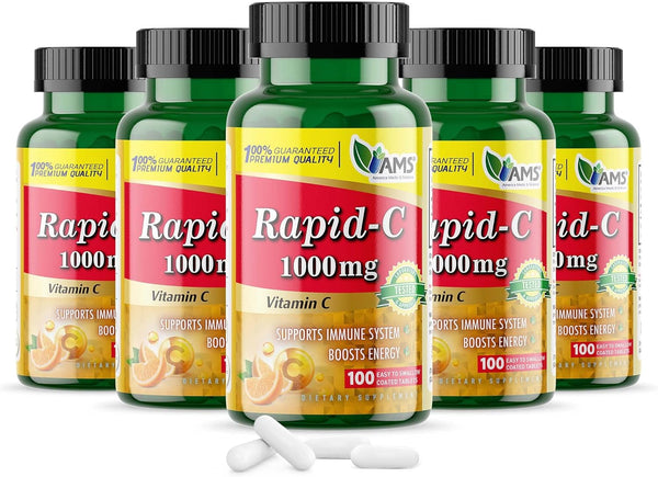 America Medic & Science Rapid-C 1000Mg Vitamin C Supplement (5 Pack of 100 Tablets) Energy Booster, Daily Immune System Support, Antioxidant |