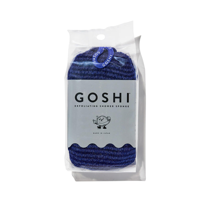 GOSHI Exfoliating Shower Sponge - Rip-Resistant, Rapid-Drying Exfoliating Bath Sponge for All Skin Types - Indigo Blue - Made in Japan |