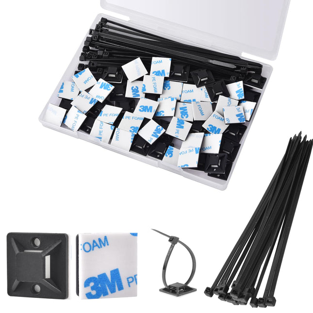 Strong Back-Glue Self Adhesive Cable Zip Tie Mounts Kit - 100 Set Cable Manageme