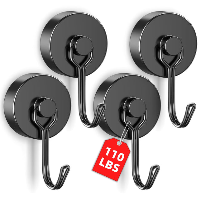 VNDUEEY 4 Pack 110LBS Magnetic Hooks Heavy Duty Neodymium Magnet Hooks for Hanging, Magnets with Hooks, Strong Swivel Ma