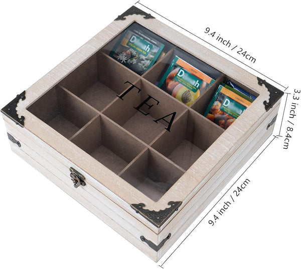 Gray 9 Compartment Rustic Tea Box Organizer for Tea Bags Coffee Pod | 9 compartment rustic gray tea box organizer holds tea bags coffee pods