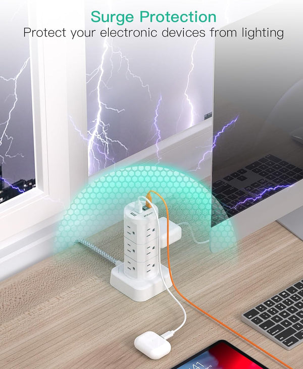 Power Strips with Surge Protection, Flat Plug Power Strip Tower White 6 FT