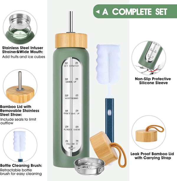 SipZest 32 oz Glass Water Bottle with Straw - Motivational Time Marker & Silicone Sleeve - Reusable Tumbler Includes 2 Bamboo Lids & Fruit Infuser