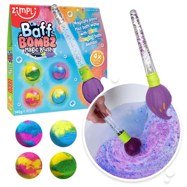 Baff Bombz Magic Brush, 4 x Bath Bombs, Magically Paint Your Bath Water, Creative Bath Toy for Children, Birthday Gifts 