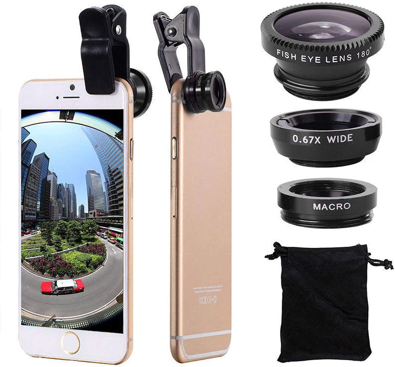 3 in 1 Cell Phone Camera Lens Kit Wide Angle Macro Fisheye Lens Universal for Smart Phones iPhone Samsung Android Black