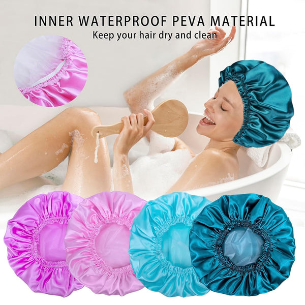 Shower Caps for Women, 4 PCS Reusable Waterproof Bath Cap Solid Color