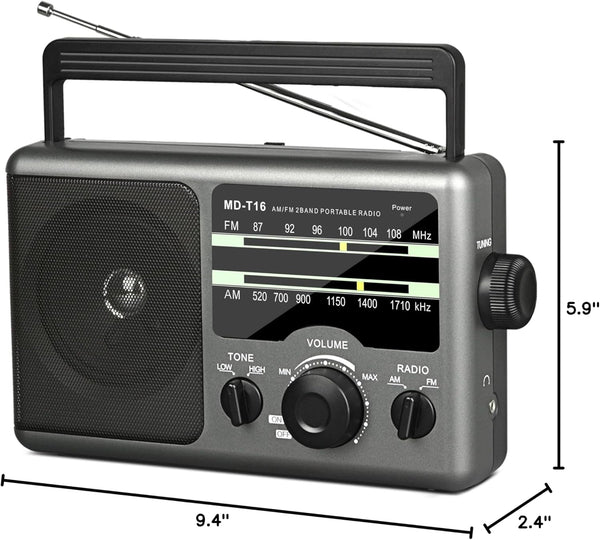 AM FM Portable Radio Battery Operated by 4X D Cell Batteries Or AC Power Transistor Radio with and Big Speaker, Standard Earphone Jack, High/Low