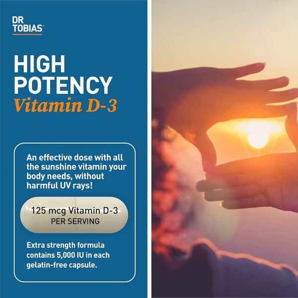 Dr. Tobias Vitamin D3 5000 IU, Essential for Healthy Bones, Teeth, and Immune System, Extra Strength Vitamin D Supplement, Non-GMO, 90 Capsules,