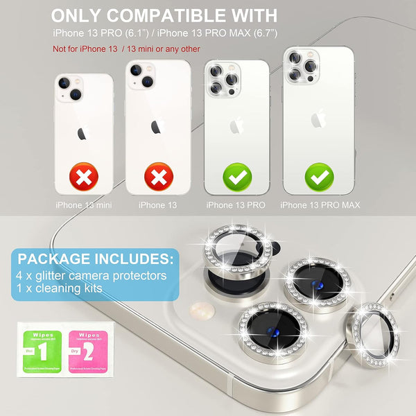 Choiche Compatible for iPhone 13 Pro/iPhone 13 Pro Max Camera Lens Protector Bling, 9H Tempered Glass Camera Cover Screen Protector Metal Ring