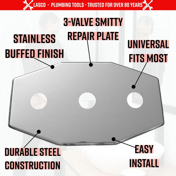 LASCO 03-1654 Smitty Plate, Three Hole, Used to Cover Shower Wall Tile, Stainless Steel 8-Inch Center Three-Hole 8-Inch Center