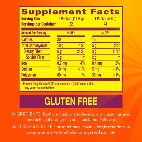 Metamucil On-The-Go, Daily Psyllium Husk Powder Supplement, Sugar-Free Powder, 4-in-1 Fiber for Digestive Health, Orange Flavored Drink, 44