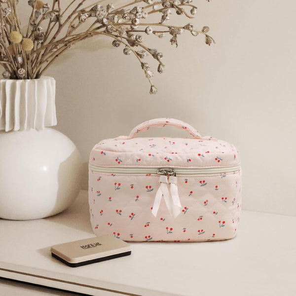 Prite Quilted Makeup Bag Travel Toiletry Organizer for Women (Cherry)